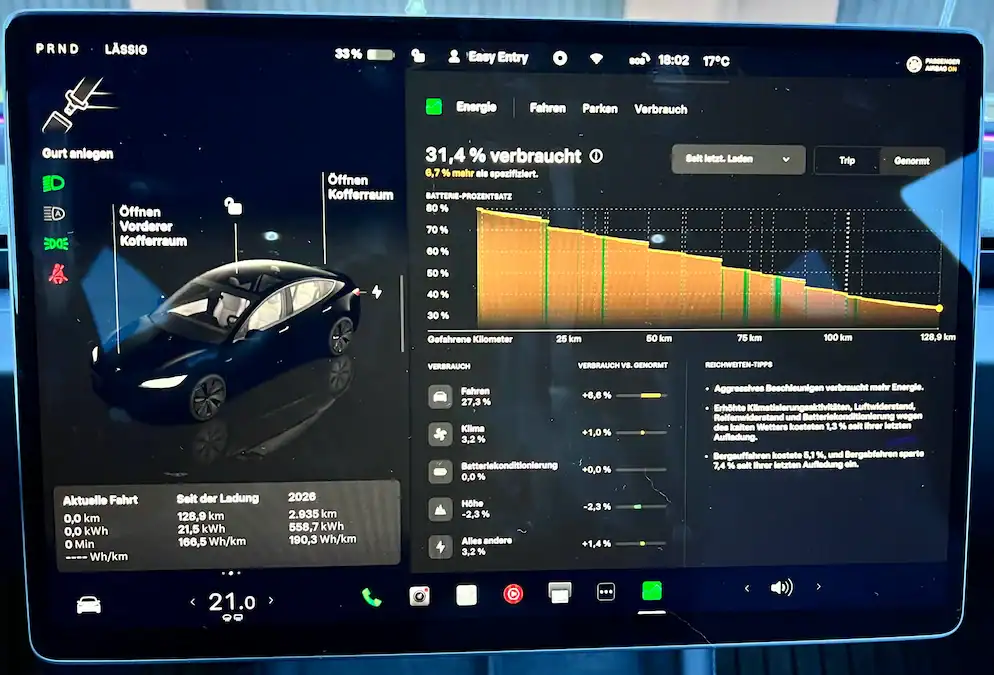 Tesla Energiediagramm im Winter – Verbrauchsanzeige