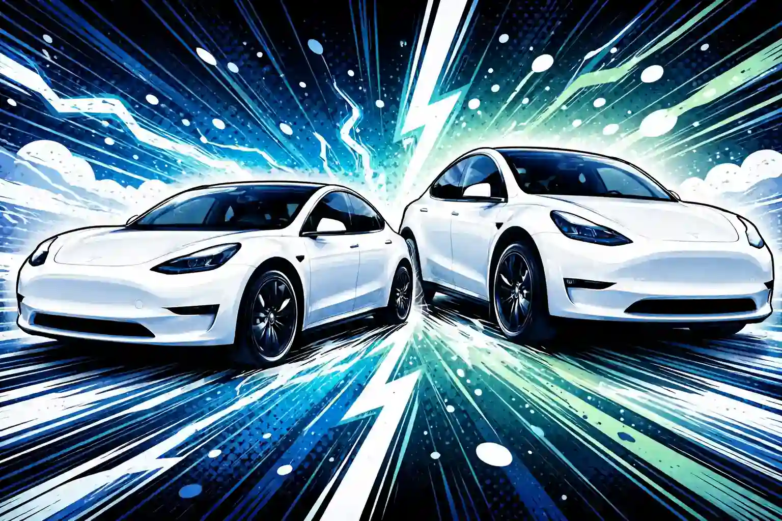 Tesla Model 3 vs Model Y Vergleich – Comic Pop Art Illustration