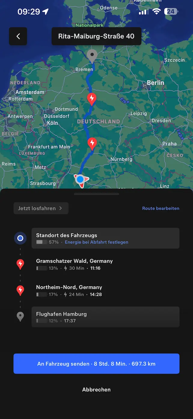 Tesla App Routenplanung mit Ladestopps