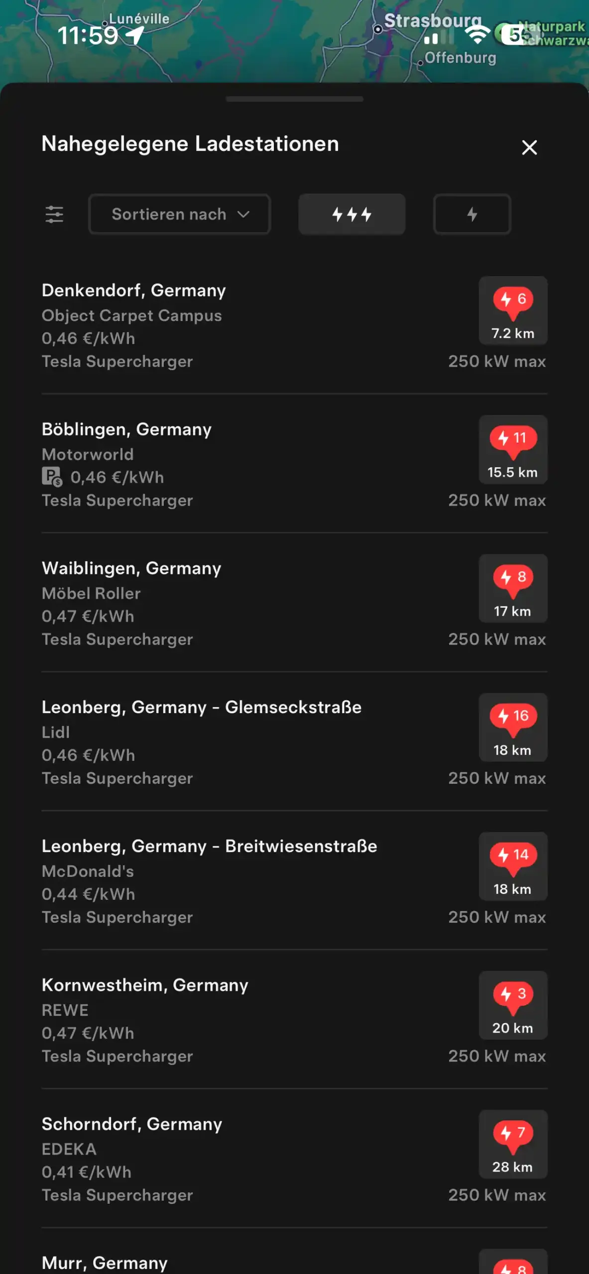 Tesla App Supercharger Preisanzeige